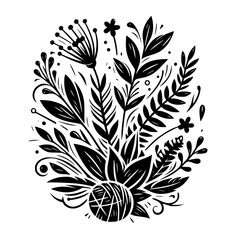 Monochromatic botanical illustration of various stylized flowers, leaves, and sprigs, arranged in a symmetrical, oval composition with a textured central element, against a white background.