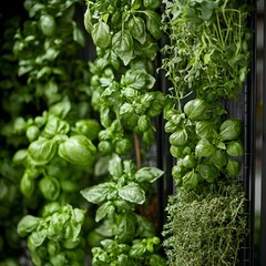 indoor herb garden concept Lush green herbs growing vertically in a garden setting.