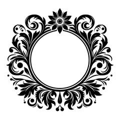 An Elegant Black Floral Frame with a Blank Circular Center on a White Background, Ideal for Decoration, Embellishment, or Text Insertion.