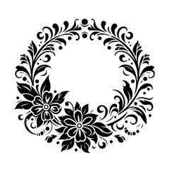 Intricate Black Floral Wreath Design with Detailed Petals, Leaves, and Curvilinear Elements, Centered on a White Background.