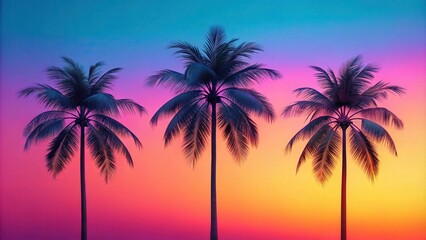 Naklejka premium Silhouettes of Palm Trees against a Vibrant Sunset Sky with Gradient Colors of Pink, Orange, and Blue