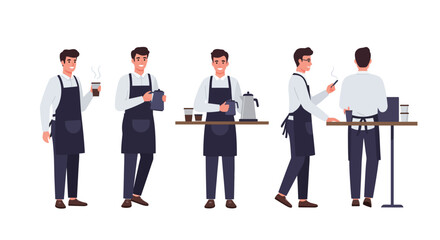 Obraz premium Barista preparing coffee, interacting with customers, flat vector illustration
