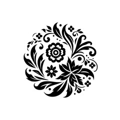 Intricate Black Floral Mandala Design on White, Showcasing a Symmetrical Arrangement of Flowers, Leaves, and Decorative Elements.