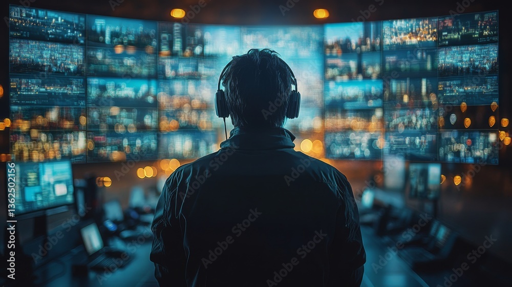 Poster A person oversees transportation and logistics activities in a control room filled with multiple screens displaying data, security feeds, and monitoring systems for enhanced efficiency.