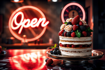 Delicious layered berry cake with cream frosting sits on a silver plate in a dimly lit restaurant, as a glowing neon "Open" sign is visible.