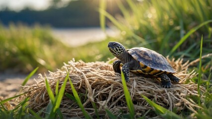 Fototapeta premium A turtle resting on a nest of straw amidst lush green grass and a serene background.