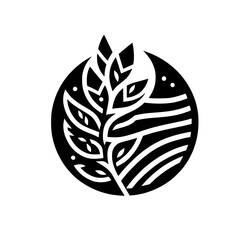 A stark minimalist emblem featuring a stylized leafy branch, curved elements, and horizontal lines encapsulated within a black circle against a white backdrop.