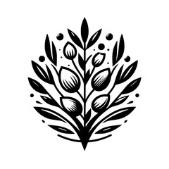 An elegant symmetrical black and white botanical illustration featuring a stylized bouquet of leaves, buds and berries, evoking a sense of natural beauty and minimalist design.