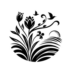 Stylized monochrome illustration of a springtime scene featuring stylized flowers, graceful birds, and a rising sun, set against a white background.