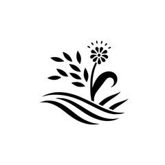 Minimalist Black and White Floral Design: A Stylized Flower, Wheat, and Wavy Elements on White.