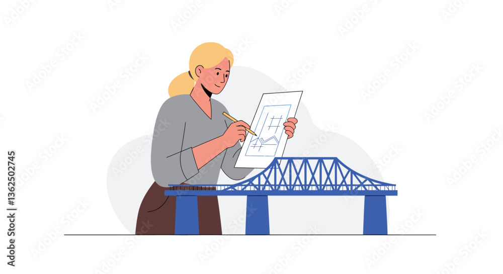 Poster engineer sketching bridge design in minimal style vector art