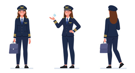 Obraz premium Female airline pilot character in flat design vector illustration showing different poses and expressions