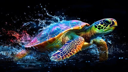 Neon Glowing Sea Turtle with Abstract Colorful Splashes – Vibrant Digital Artwork on Dark Background