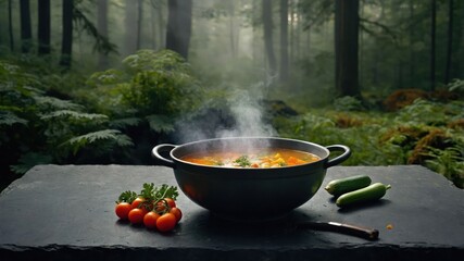 A pot of steaming soup surrounded by lush forest greenery.