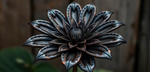 Intricate welded iron flower, dark metal petals, rustic charm, macro, metalwork