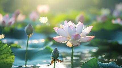 Obraz premium 朝露に輝く清らかな蓮の花