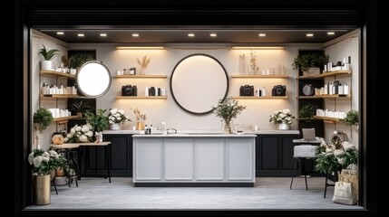 Modern retail space, showcasing a curated selection of beauty products and flowers.  A welcoming aesthetic blends minimalist design with natural elements
