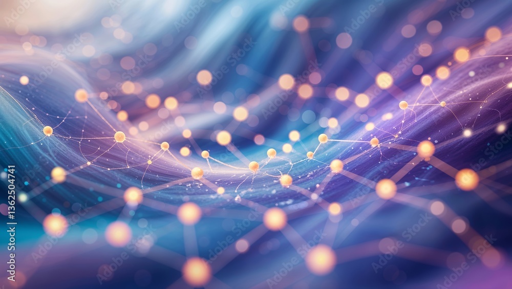 Poster Digital network visualization displaying interconnected nodes and waves of color in a futuristic design at dusk