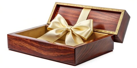 A luxurious wooden box with a golden satin ribbon bow,  a perfect gift for any occasion.