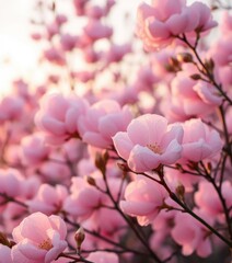 Obraz premium Pink cotton candy dissolves, pastel sunrise, spring blossoms, soft, melt