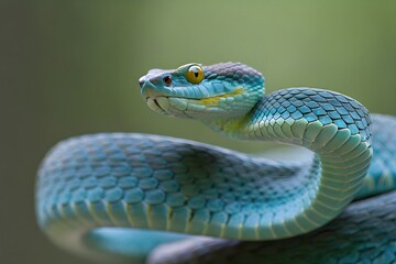 Fototapeta premium Blue viper snake closeup face, head of viper snake, Blue insularis, Trimeresurus Insularis, animal closeup, Indonesian viper snake