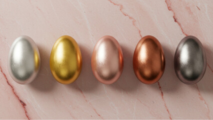 Five Easter eggs of luxury. Silver, gold, pink gold, copper and gunmetal. Gorgeous pink marble pattern. Vector data.