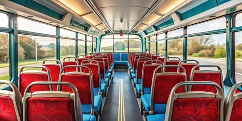 Fototapeta premium Empty bus seats with red upholstery and blue accents, offering a glimpse of the natural scenery through the large windows.