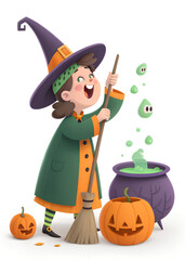 Obraz premium A cheerful witch stirs a cauldron with green bubbles while pumpkins sit nearby