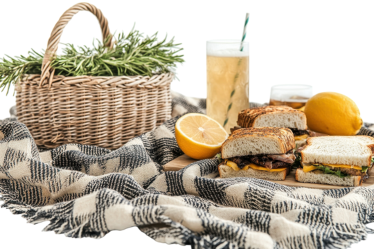 A delightful picnic scene unfolds on a cozy checkered blanket, featuring savory sandwiches, refreshing drinks, and a wicker basket brimming with fragrant rosemary, bathed in soft natural light.