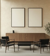 Minimalist living room with two blank frames, wooden cabinet, and armchairs.