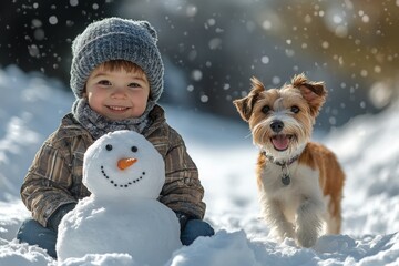 Field games on sunny winter day for children and pooch. A happy child boy in winter wear and hilarious dog makes a snowstorm sculpture. Winter dog games. Winter dog run. Dog playing snow.