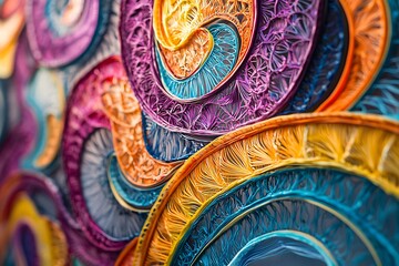 Obraz premium Vibrant, intricate quilled paper art with swirling patterns and rich colors