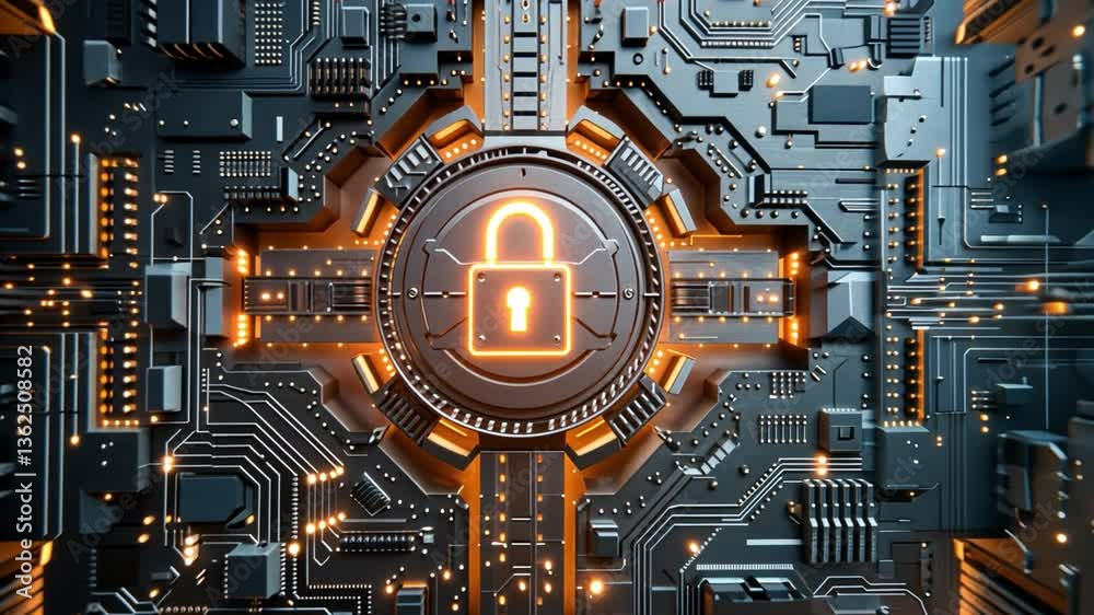 Poster digital lock symbol on circuit board secure system for cybersecurity and data protection in electron