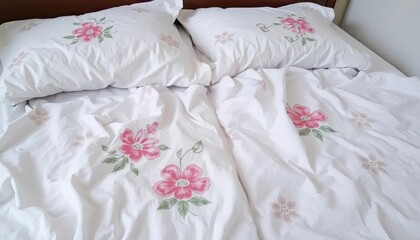 Fototapeta premium White bed linen with floral embroidery
