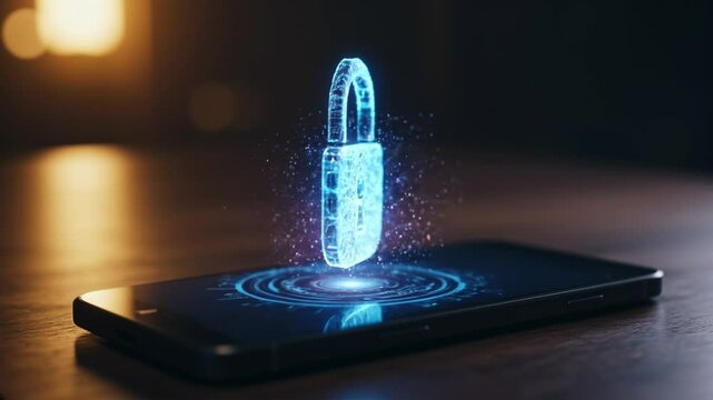 Holographic security lock hovering above smartphone
