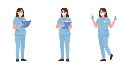 Fototapeta premium Medical professional in three poses demonstrating tasks in flat vector illustration style