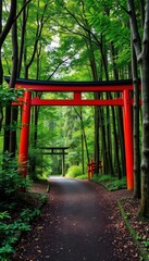 Verdant forest path leads through a traditional Japanese torii gate, temple, red, summer