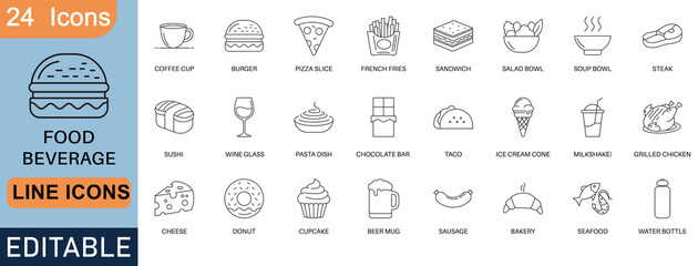 A collection of 24 editable food and beverage line icons, including burger, pizza, coffee, sushi, pasta, steak, seafood, dessert, drinks, and more. Perfect for menus, restaurants, and digital designs.