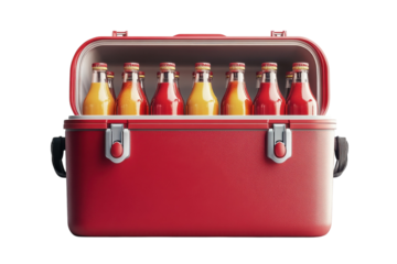 A refreshing collection of colorful bottled drinks chilling in a vibrant red cooler, ready for a picnic adventure under the summer sun.