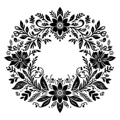 Elegant Black and White Floral Wreath Design with Detailed Flower and Leaf Silhouette, Featuring a Central Empty Circle.