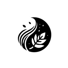 Yin-Yang styled illustration with a black crescent moon shape, white leaf and flowing lines, on a white background; a symbol of natural balance and serenity.
