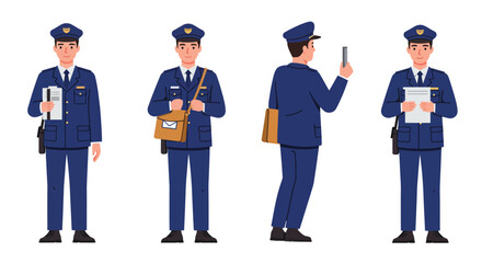 Police officer character design in flat style showcasing different poses and actions vector illustration