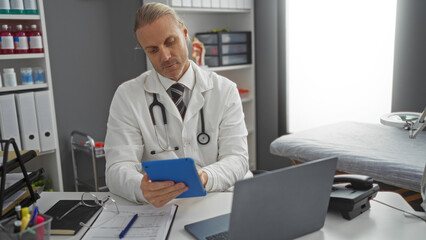 Obraz premium Doctor in white coat, mature caucasian man with tablet, working in medical office clinic, surrounded by medical equipment, files, laptop on desk, showcasing professional healthcare setting.