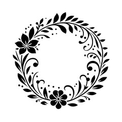 Elegant Black and White Floral Wreath: A symmetrical design of stylized flowers, leaves, and flourishes, creating a circular decorative frame.