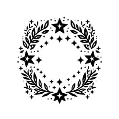 Elegant Black and White Circular Design: A stylized wreath of botanical elements and sparkling stars, creating a balanced and symmetrical pattern, ideal for celebratory occasions, on textured white ba