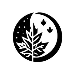 Symbolic black and white emblem: A maple leaf juxtaposed with a moonlit night, a crescent, and falling leaves.
