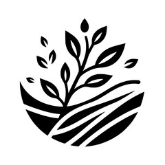 A stylized, monochromatic logo featuring a growing plant within a stylized field or earth, symbolizing growth and nature.
