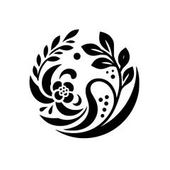 Elegant Black and White Floral Emblem: A stylized, symmetrical design featuring a central flower, foliage elements, and a circular arrangement on a white background.