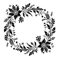 Elegant Black and White Floral Wreath Design, Featuring Intricate Leaves, Berries, and Two Detailed Central Flower Motifs.