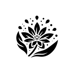 Bold black floral illustration with symmetrical design, petals, leaves, stem, and droplet accents against a white backdrop.